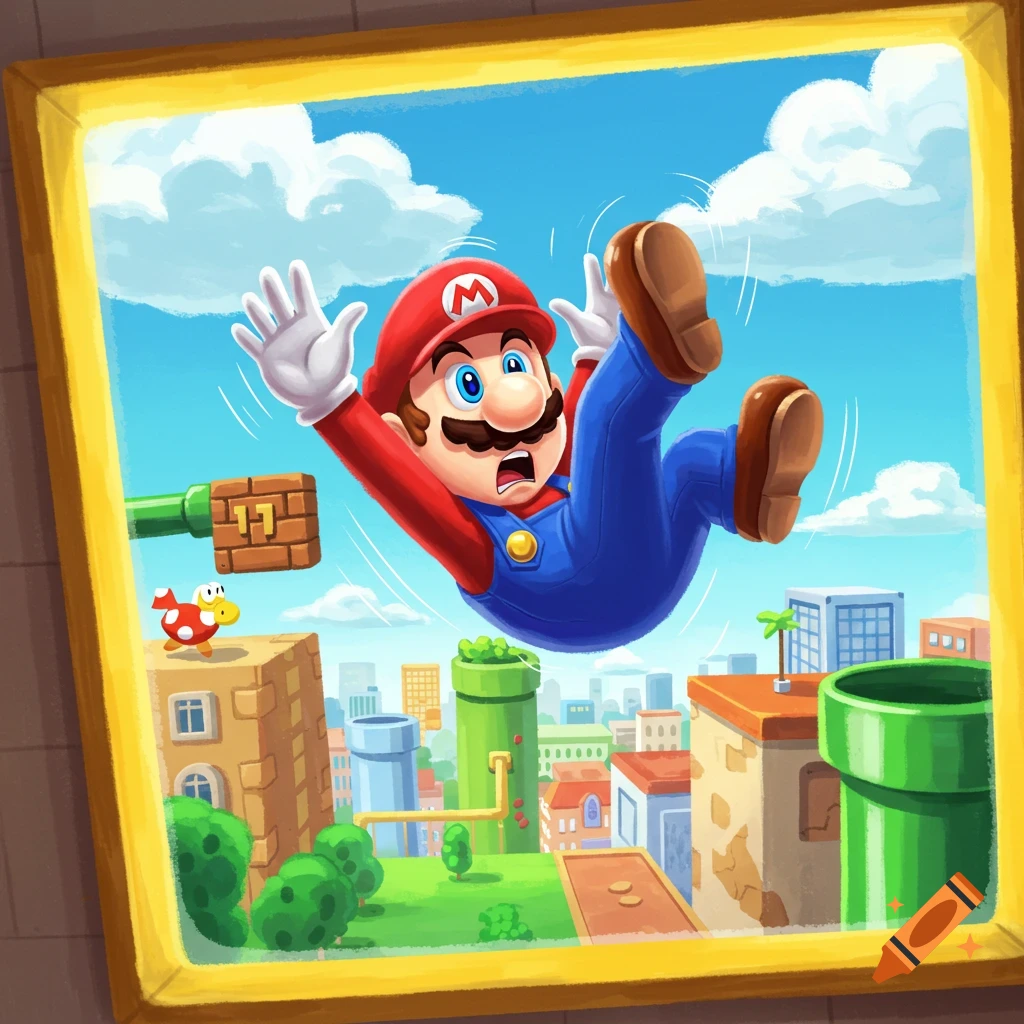 Mario falling backwards out of a gold frame into a Super Mario Bros. level.