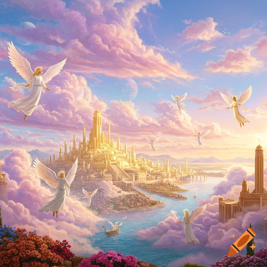 A golden city is situated on clouds, with angels flying around it. Below the city is a river and vibrant flowers.