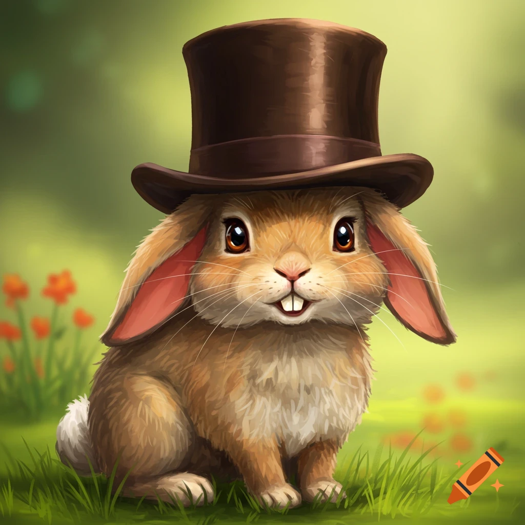 A cute rabbit wearing a top hat sits in a grassy field.