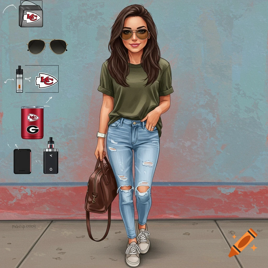 A woman in ripped jeans holds a bag and wears accessories with sports team logos.