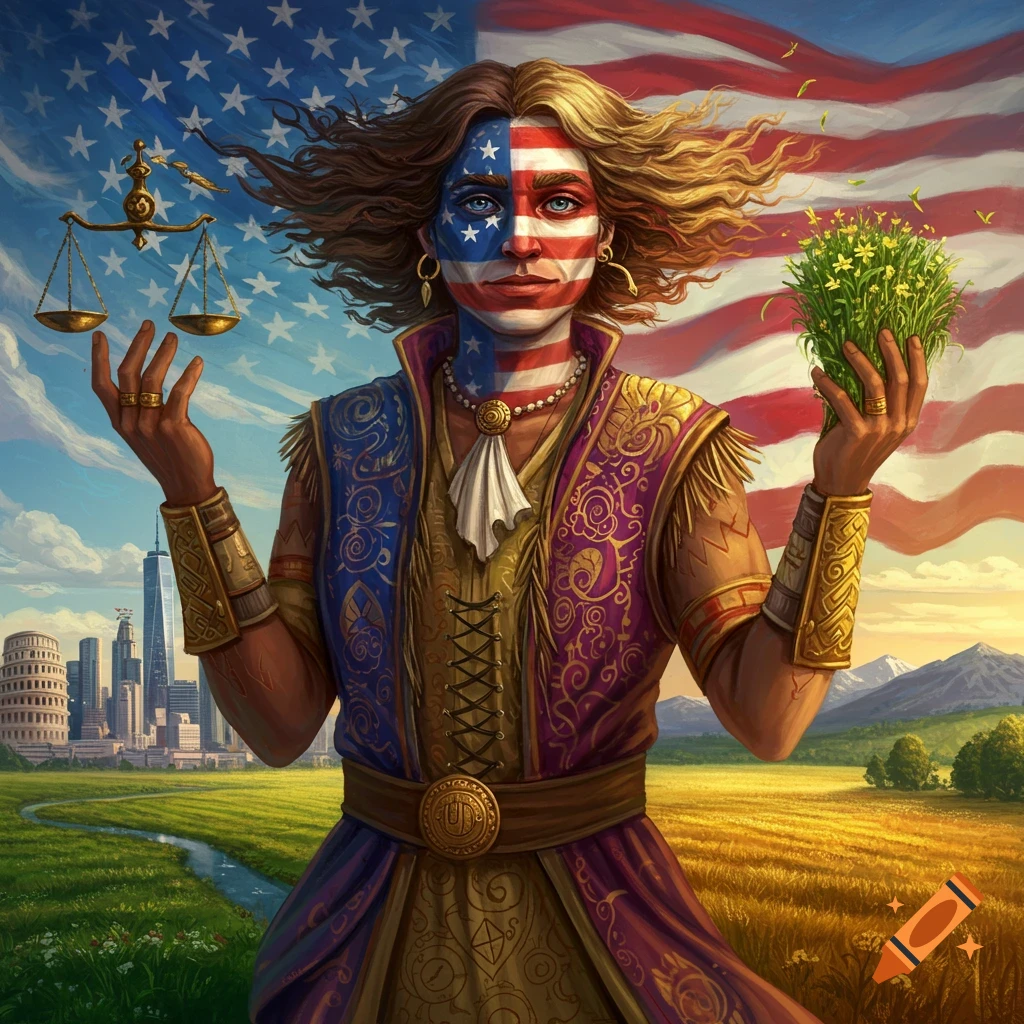Person symbolizing America, with flag face paint, holding scales and greens against US landscape and landmarks.