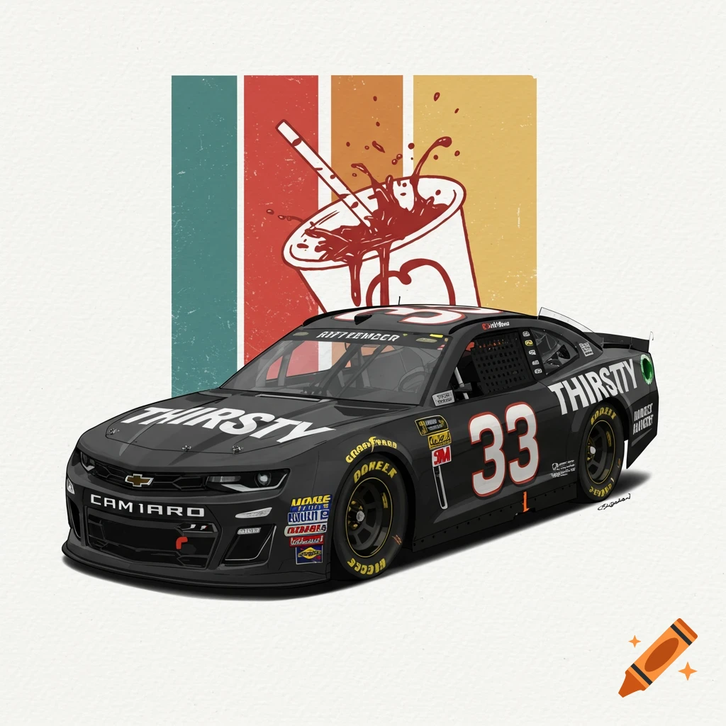 Illustration of a black NASCAR car with the number 33 and 'thirsty' on it, in front of retro colored stripes and a spilling cup graphic.
