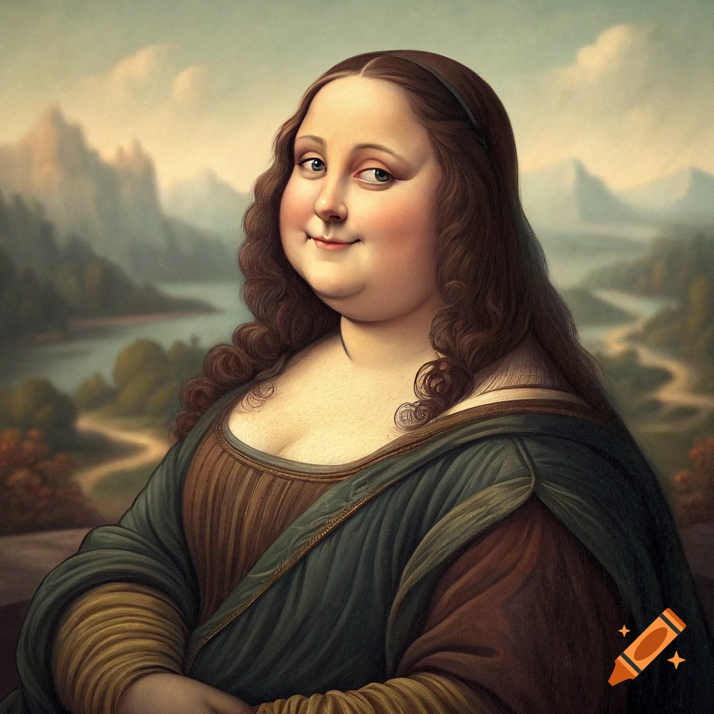 A portrait of a woman resembling the Mona Lisa but with a fuller figure, set against a landscape.