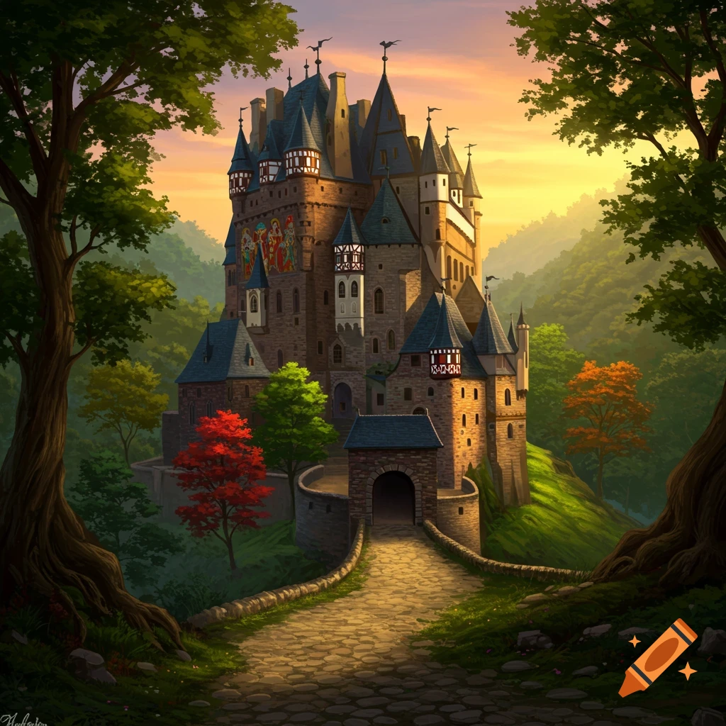 A large fantasy castle stands in a forest landscape at sunset, with a stone path leading to the gate.