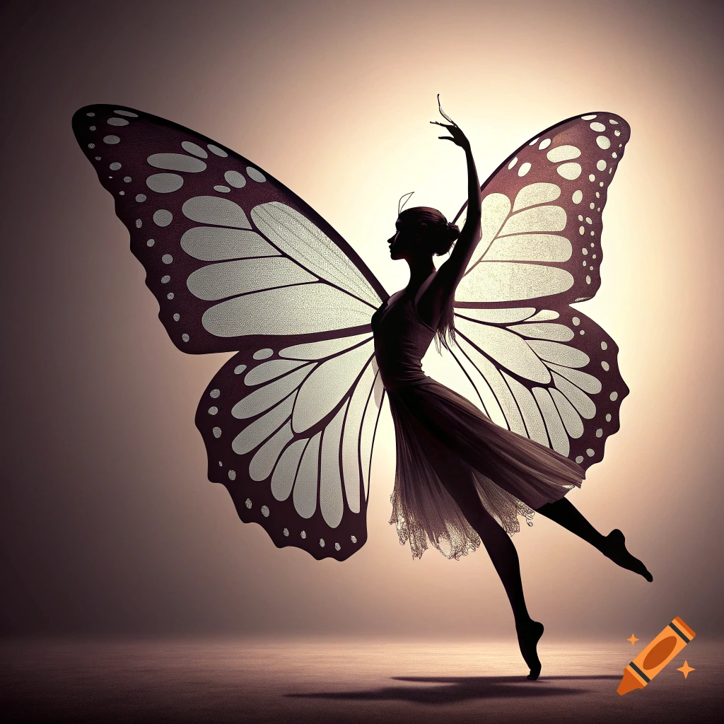 Silhouette of a person with large butterfly wings dancing on a stage.