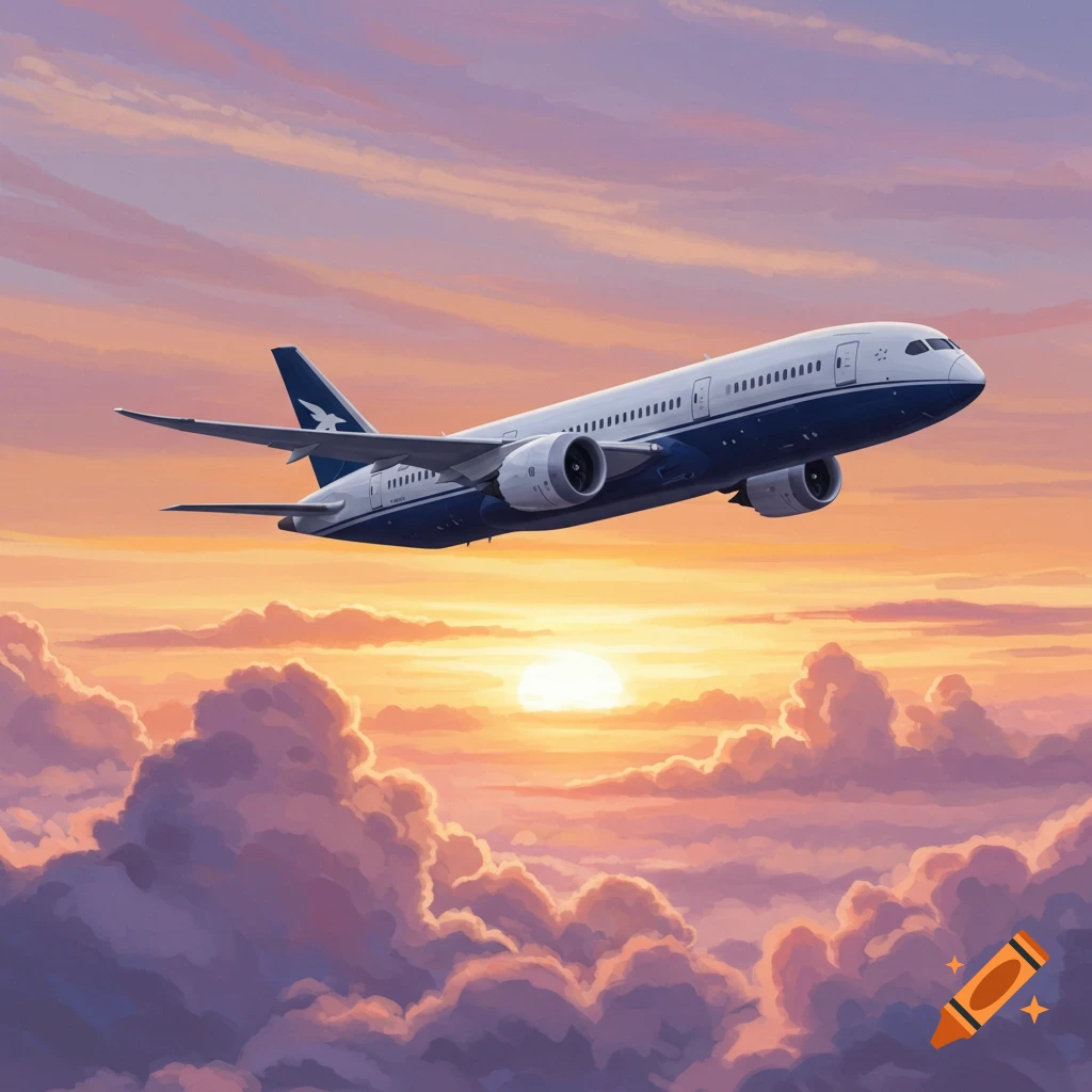 A passenger airplane flying through a cloudy sky at sunset.