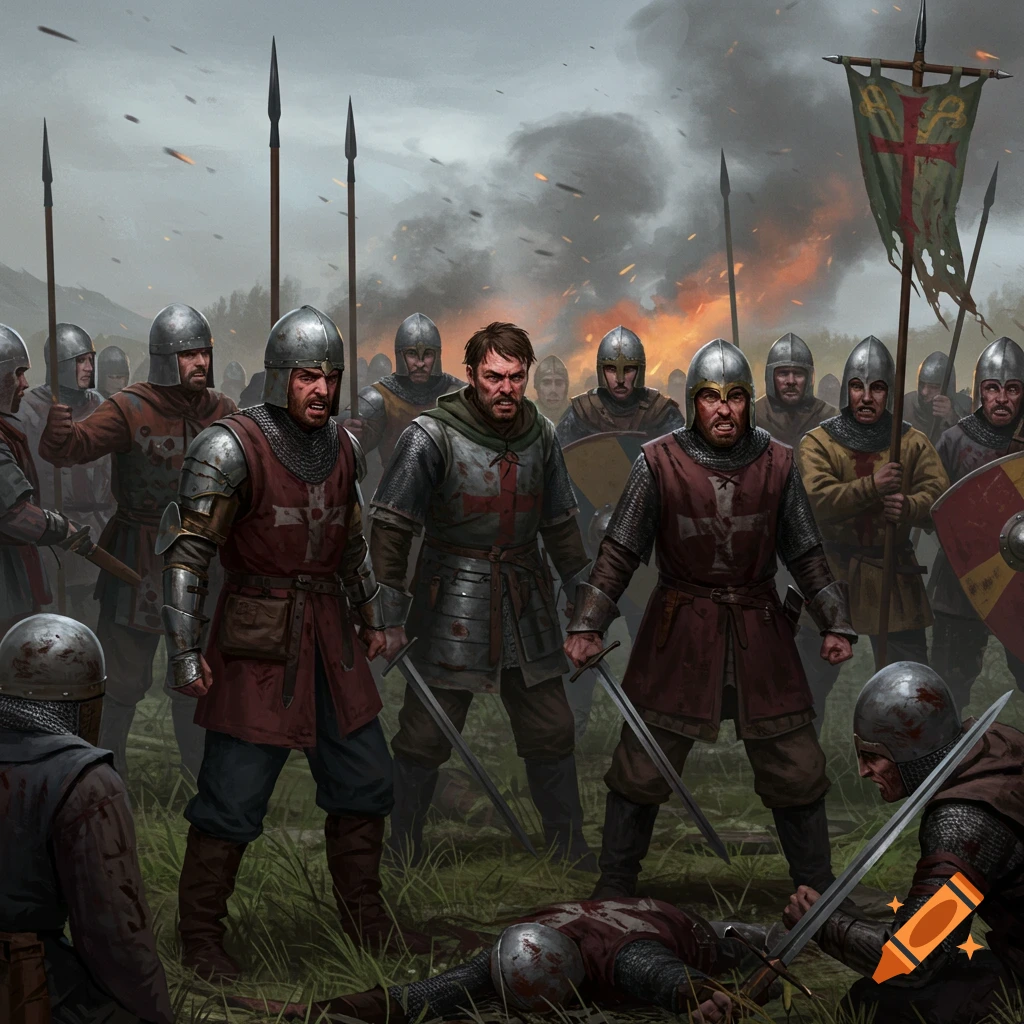 Group of armored soldiers with swords and spears on a battlefield with a fallen soldier and banner.