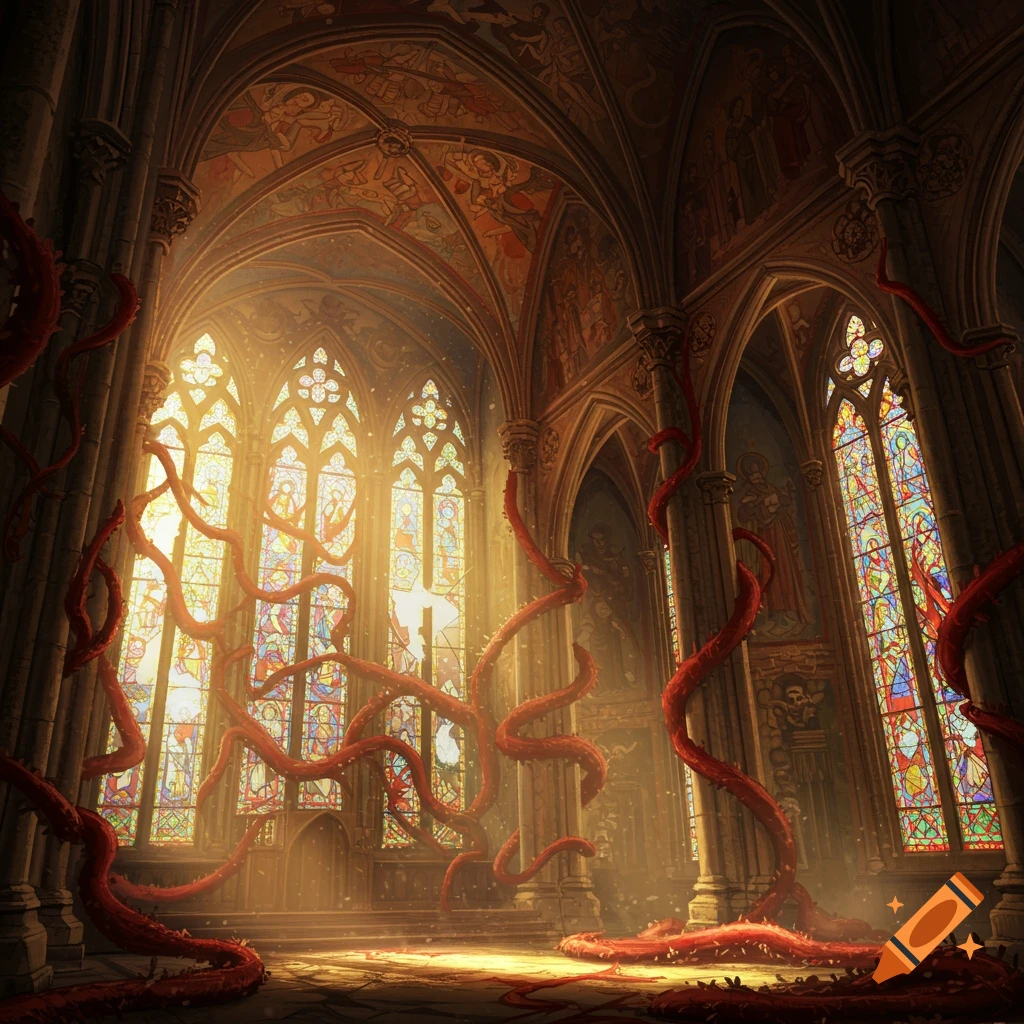 Fantasy cathedral interior overgrown with red vines, sunlight streaming through stained glass.
