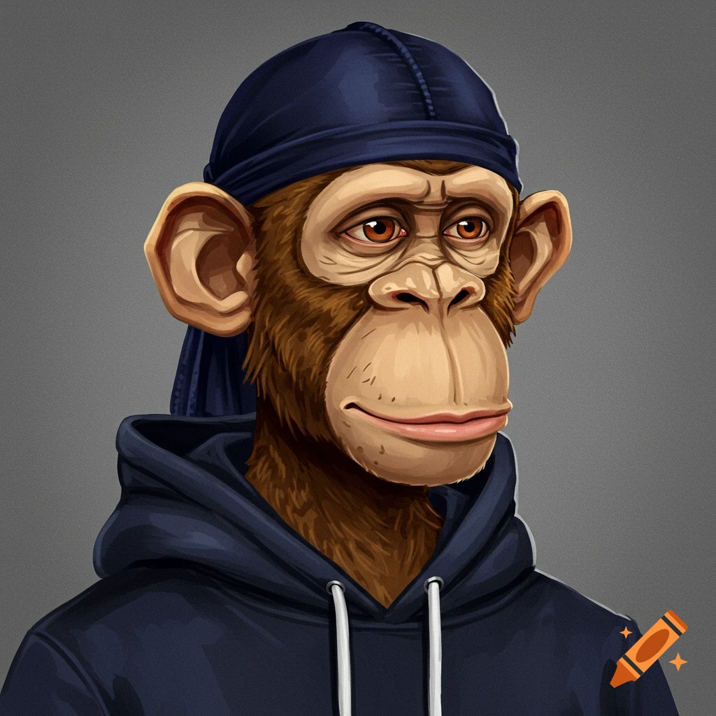 A cartoon illustration of a chimpanzee wearing a blue durag and hoodie.