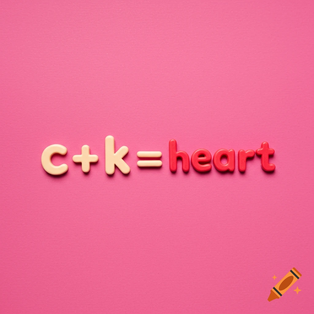 Letters spelling c + k = heart on a pink background.