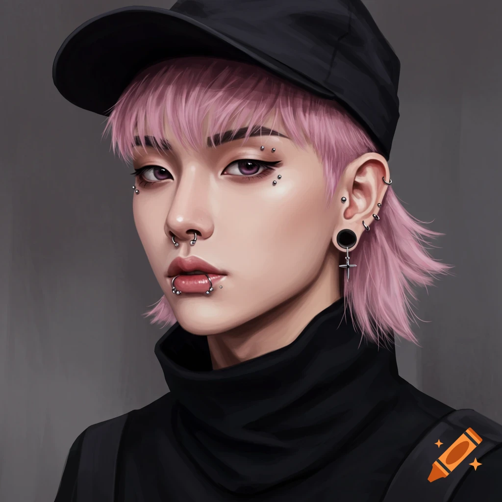 Portrait of a person with pink mullet hair, piercings, black cap and scarf.