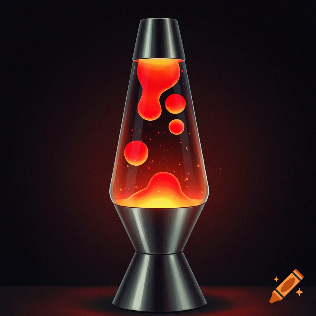 A lava lamp with orange lava against a dark background