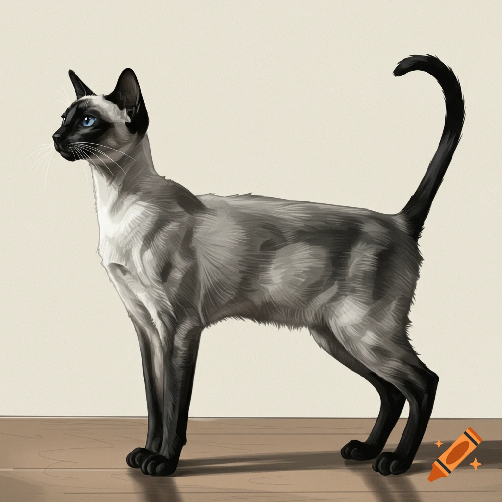 A standing Siamese cat.