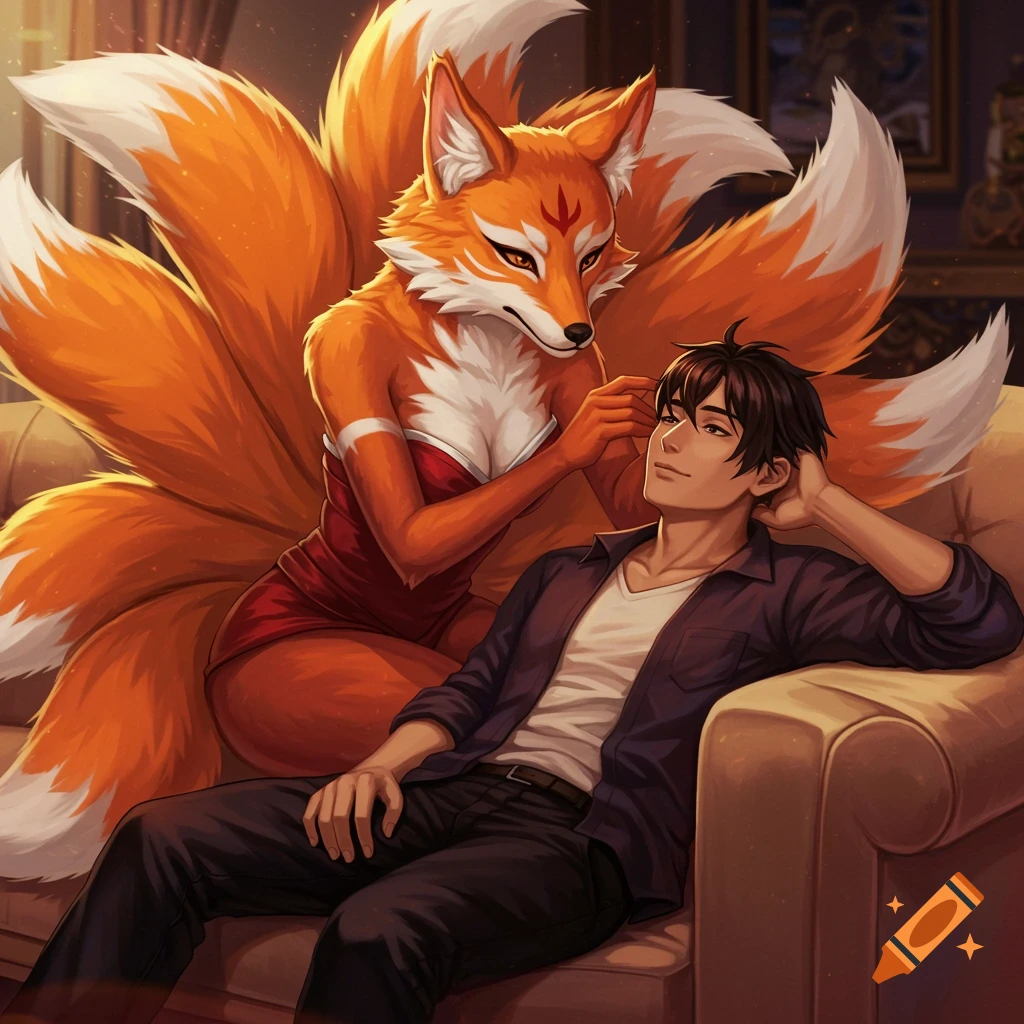 Anime style image of a kitsune woman sitting on a couch with a man, massaging his ear.