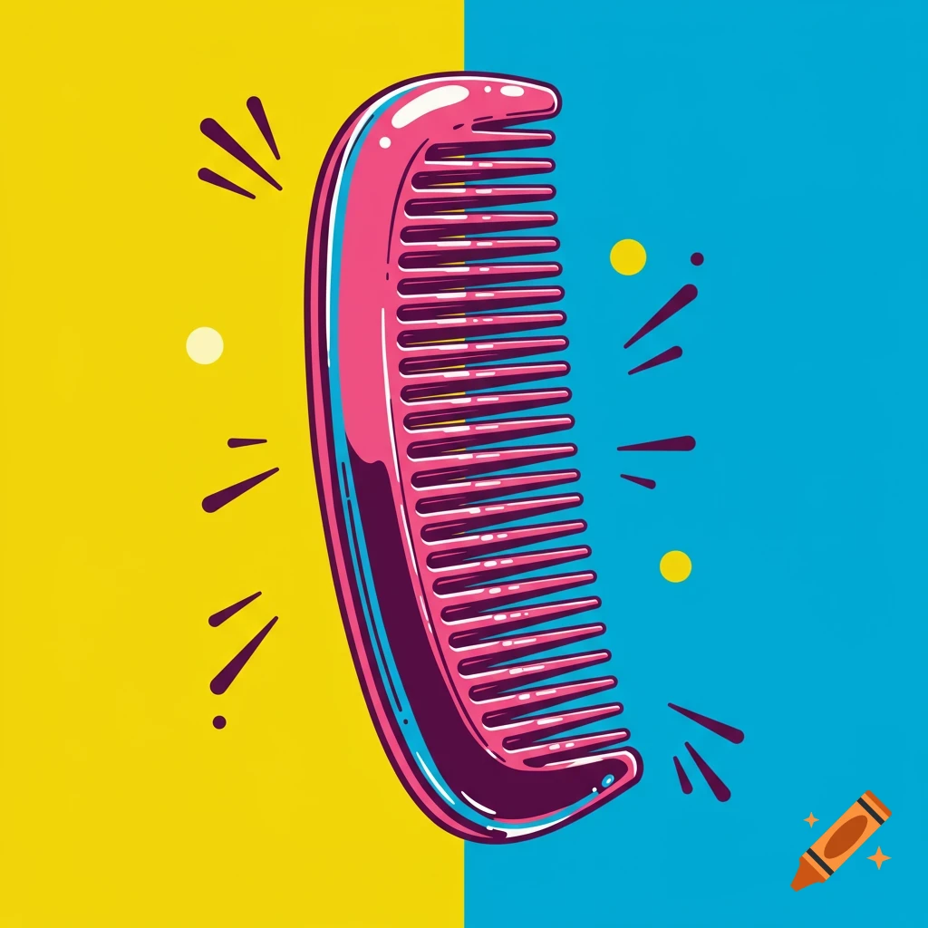 Stylized pink comb on a split yellow and blue background.