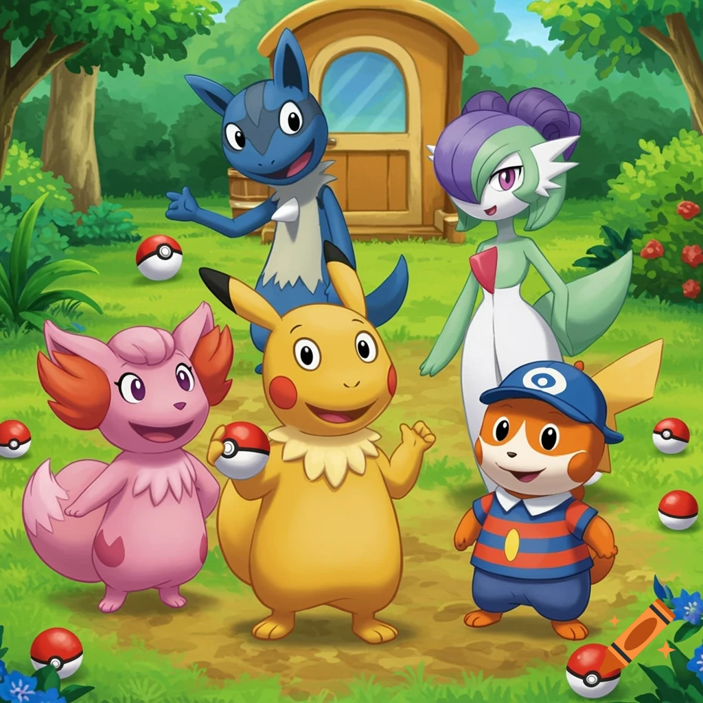 Cartoon illustration of five characters resembling Pokémon in a forest clearing with Poké Balls.