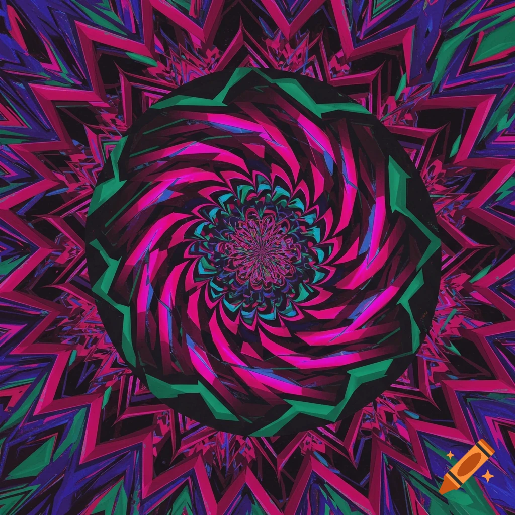 Abstract image with pink, green, and purple swirling and jagged patterns.