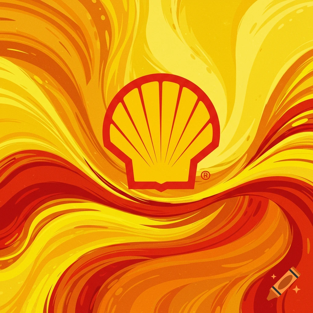 Shell logo on a background of swirling red and yellow paint strokes, digital art