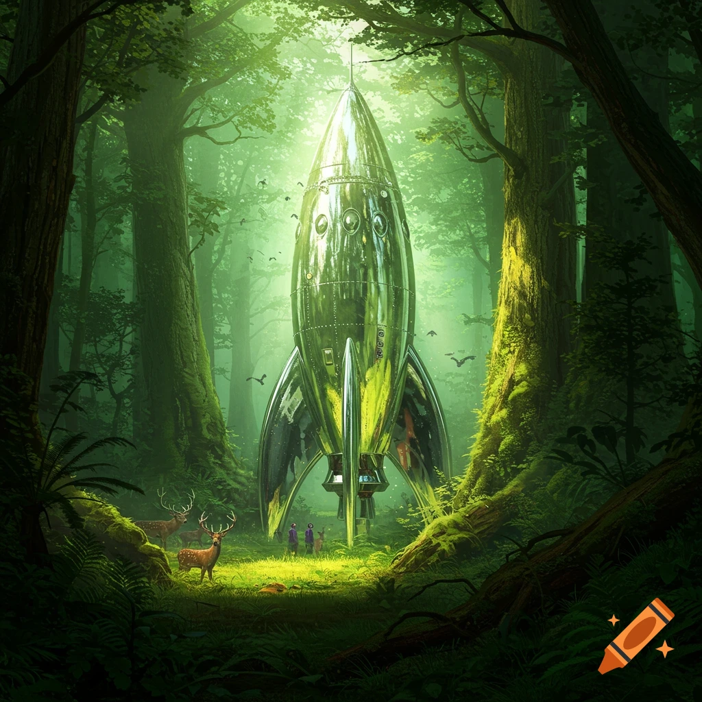 A shiny rocket ship stands in a clearing in a lush, misty forest with deer and small figures nearby.