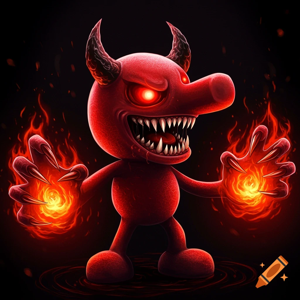 Red demonic character with glowing eyes, sharp teeth, and claws standing in darkness with fire in its hands.