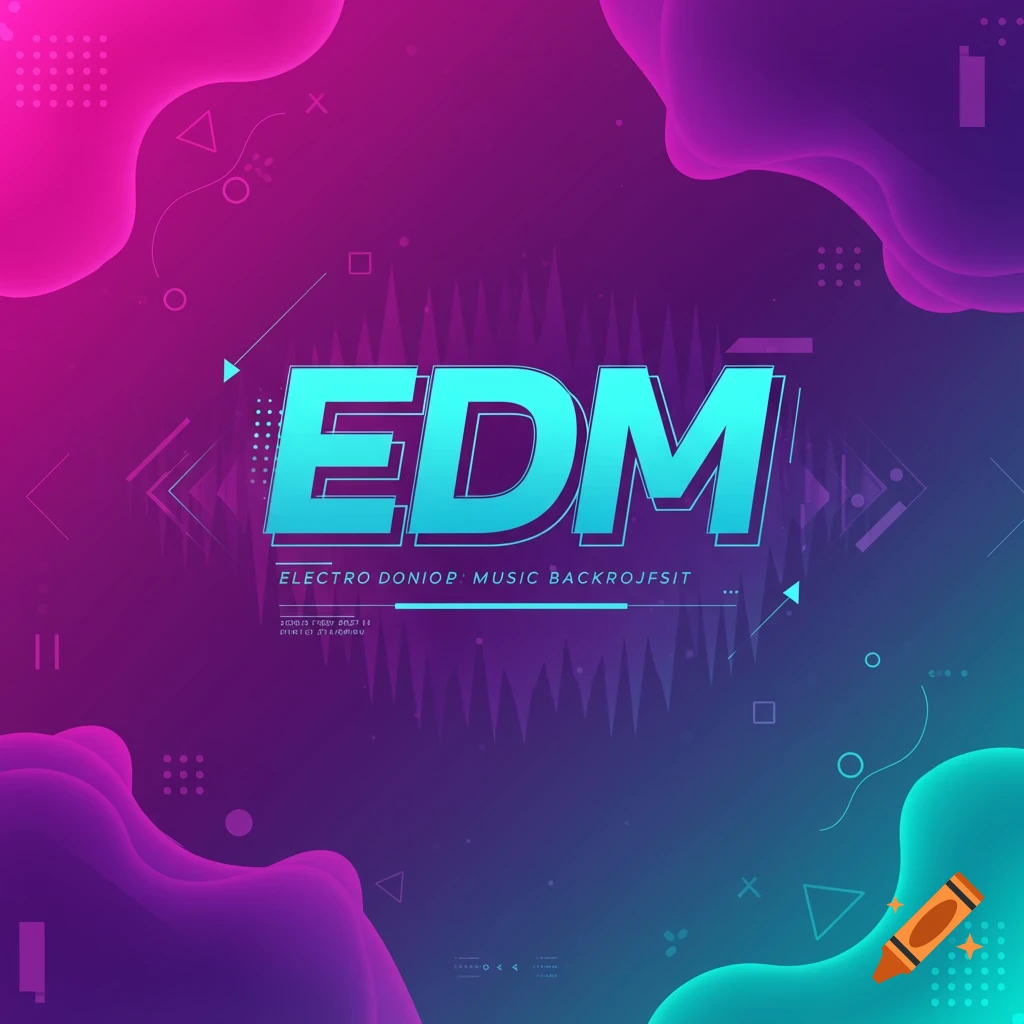 Futuristic banner with large 'EDM' text and abstract shapes in purple, pink, and blue gradient.