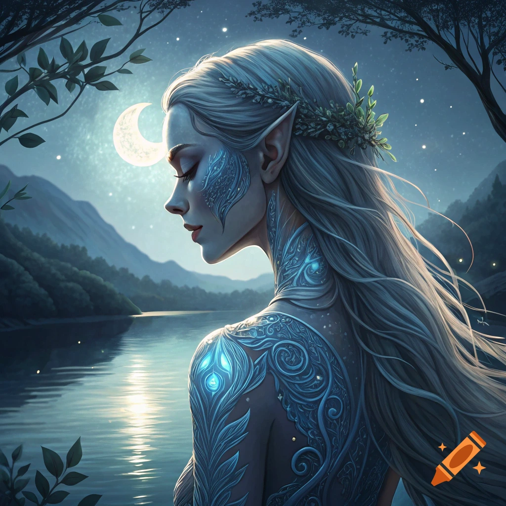 A fantasy portrait of a female elf with mystical patterns on her skin, sitting by a lake under a crescent moon and starry sky.