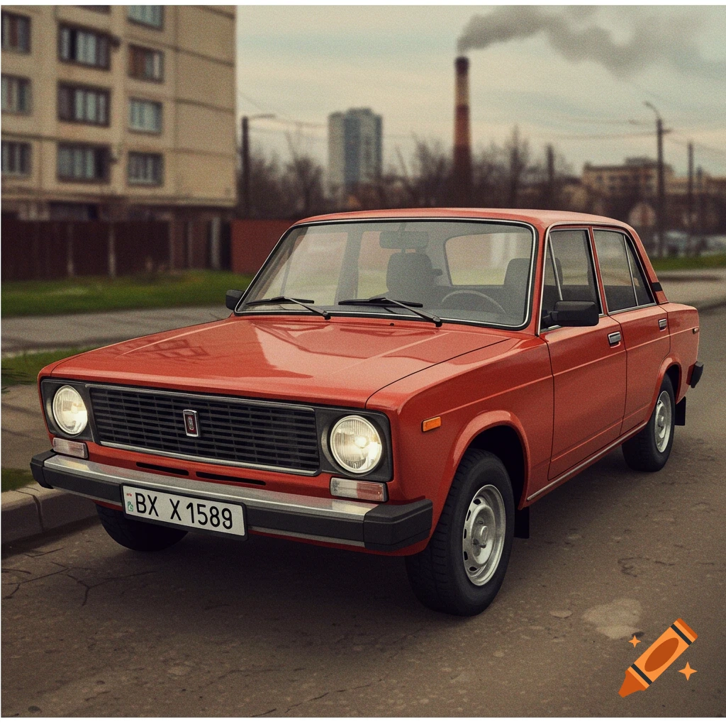A red 1980s Soviet sedan parked on a street.