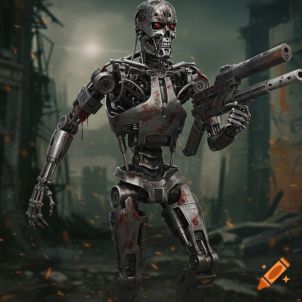 A T-800 Terminator robot holding rifles in a ruined city.