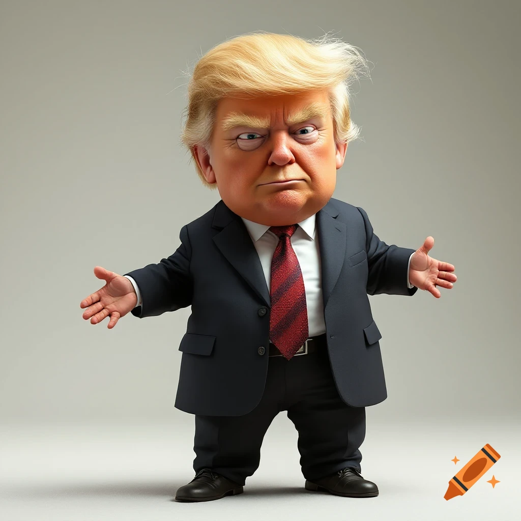 Caricature of Donald Trump in a suit with his arms out.