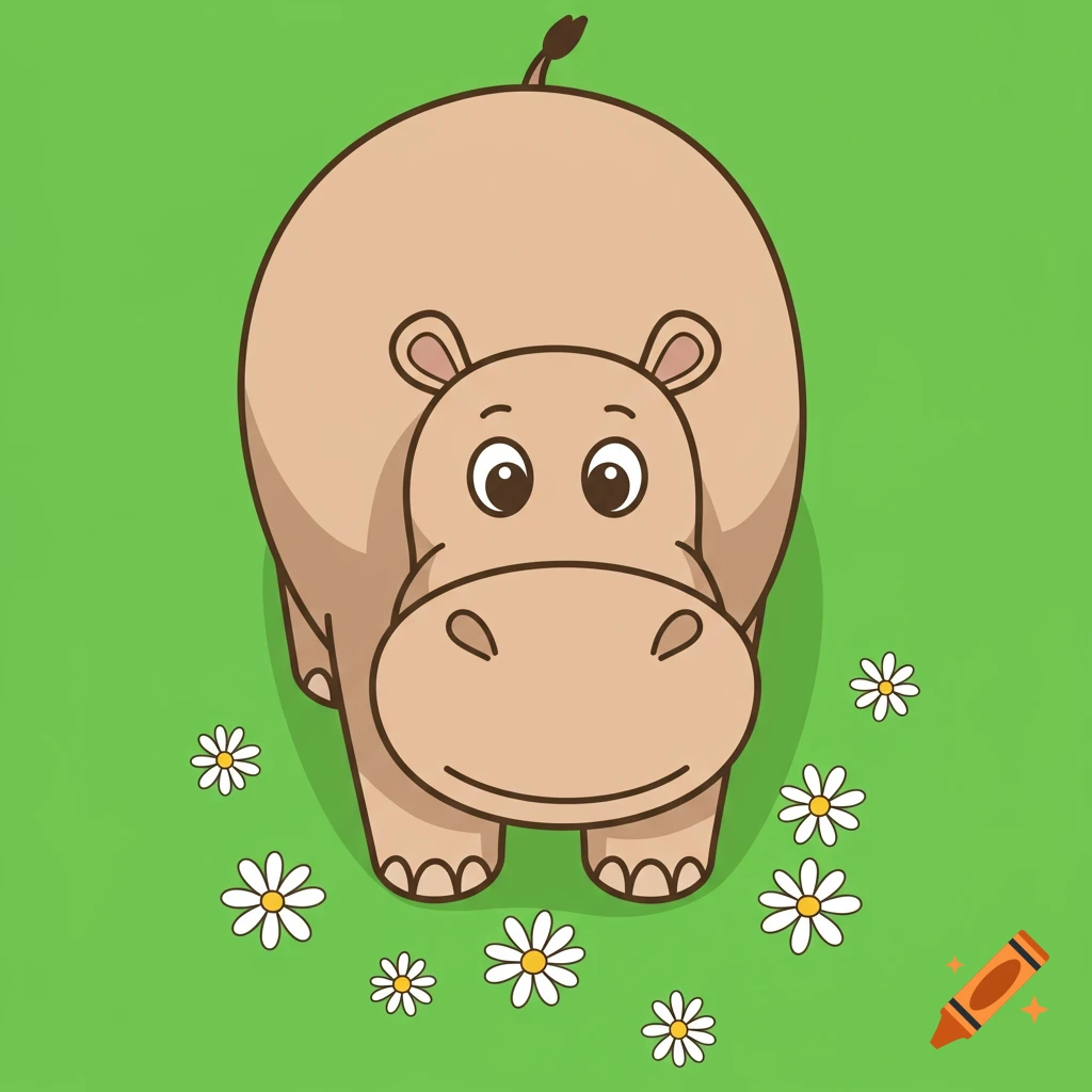 Cartoon vector illustration of a hippo looking up surrounded by daisies.