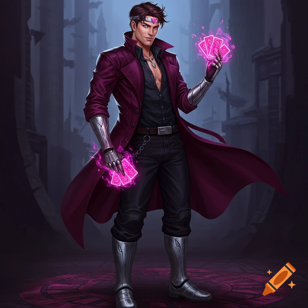 A character in a purple coat and metal gloves holds glowing pink playing cards.