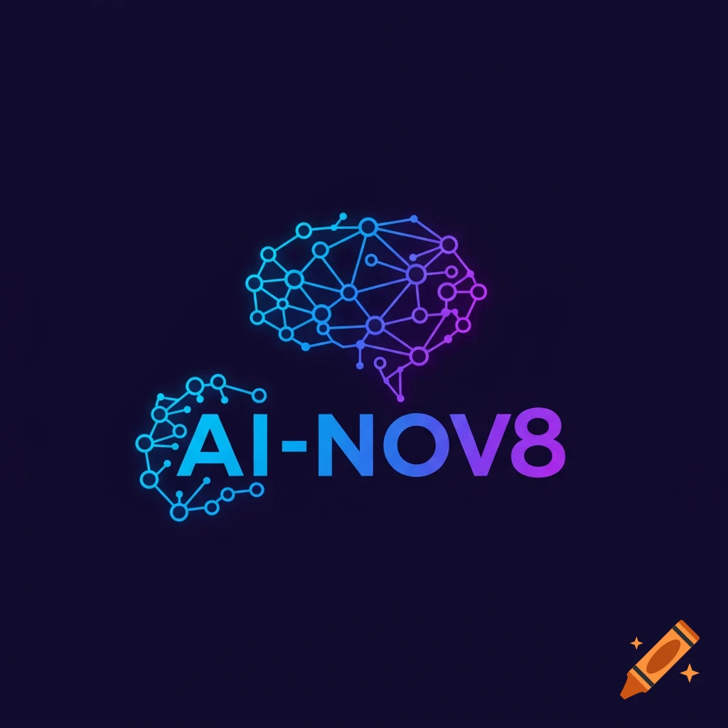 Logo featuring a stylized brain made of connected nodes above the text 'AI-NOV8', both in a blue to purple gradient on a dark background.