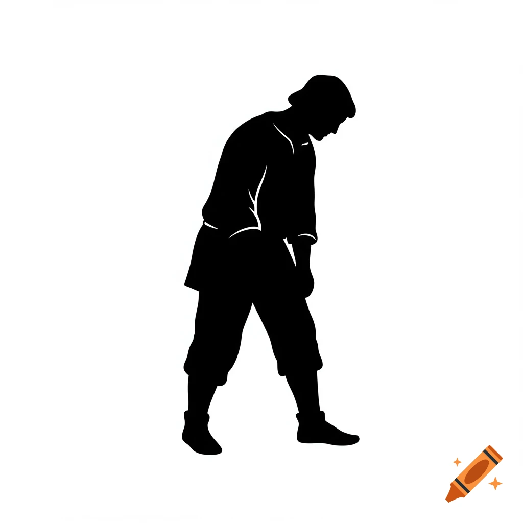 Black silhouette of a medieval peasant figure bending over.