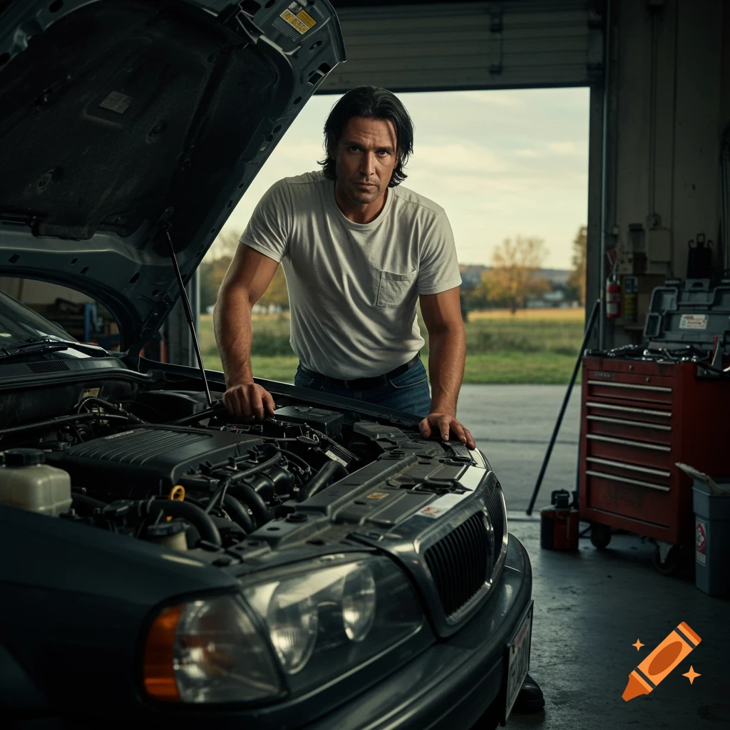 A man leans over the open hood of a car in a garage, looking at the engine. Photorealistic style.