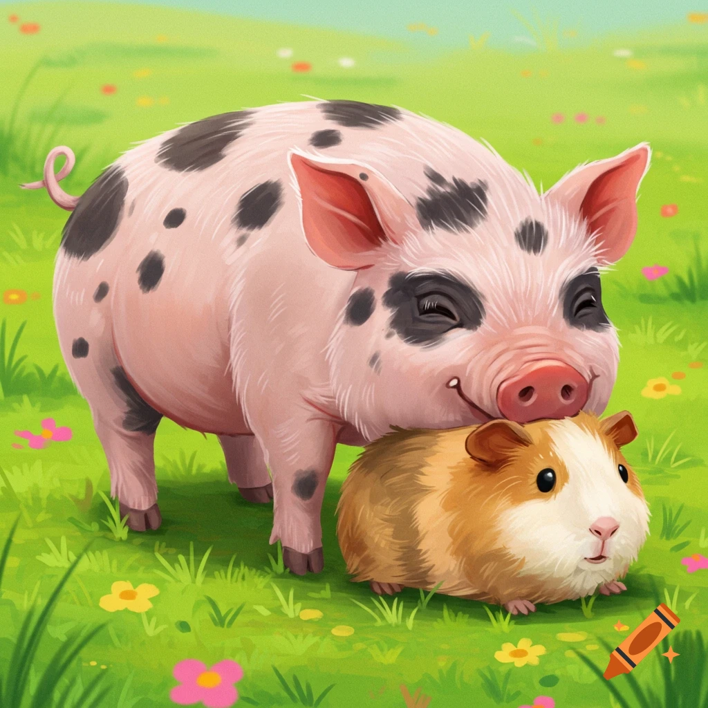 A smiling pig stands behind a cute guinea pig in a flowery field.