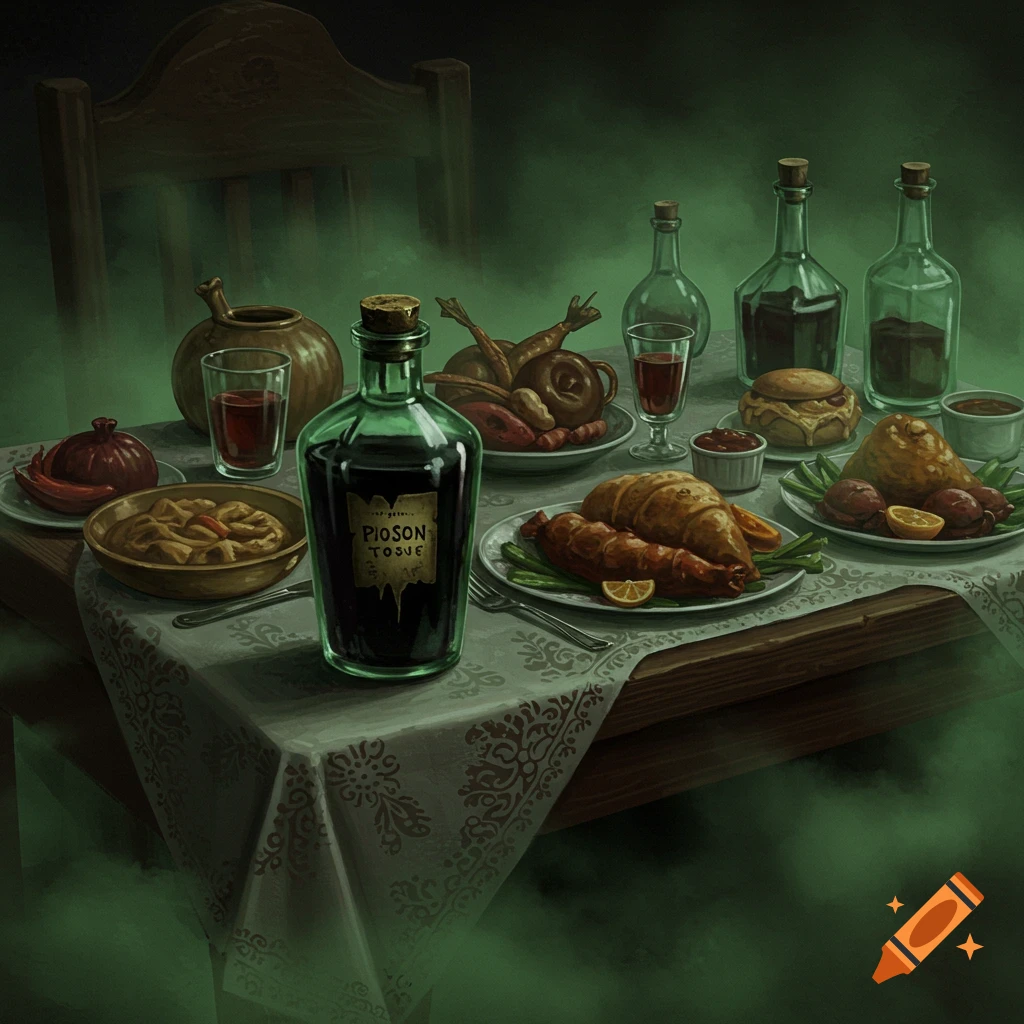 A table set with food, bottles, and a poison bottle, shrouded in a green haze.