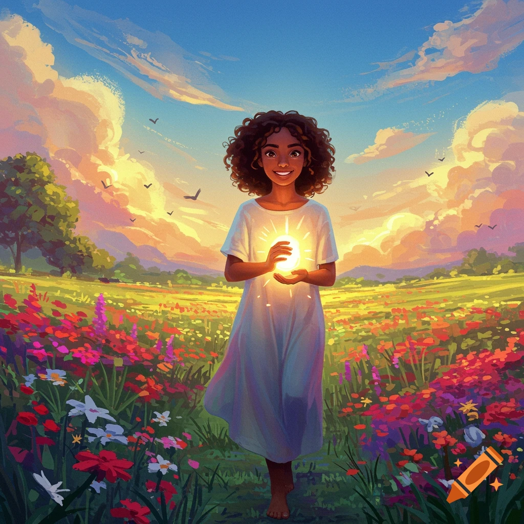 A young woman holding light in a vibrant flower field at sunset