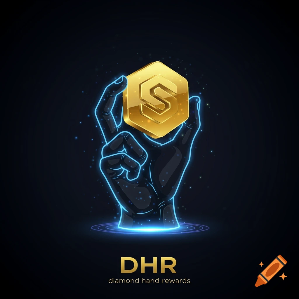 Stylized hand holding a golden hexagonal crypto coin with S logo, glowing  blue lines, and text DHR diamond hand rewards. on Craiyon
