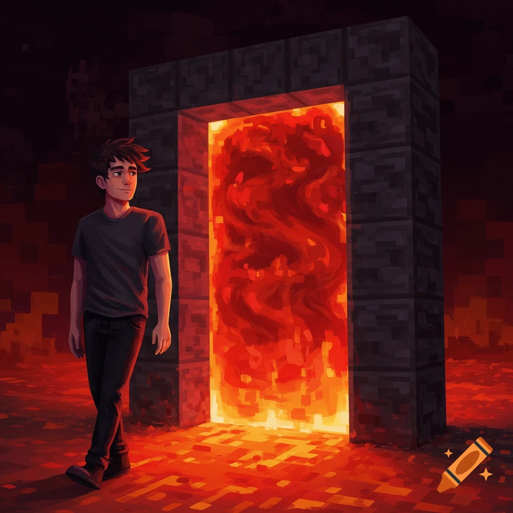 A young man stands next to a Minecraft nether portal in a pixelated landscape.