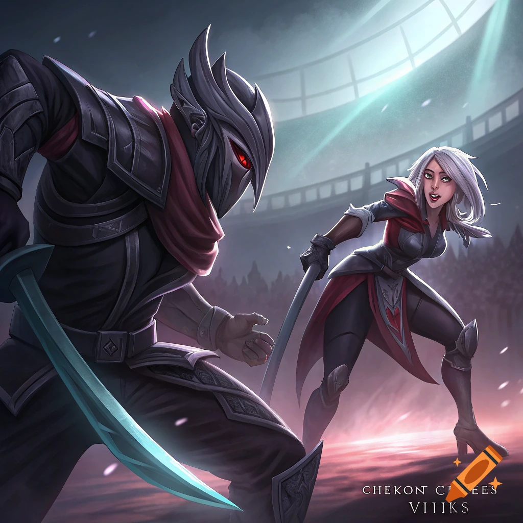 League of Legends characters Zed and Riven face off in an arena, digital art.