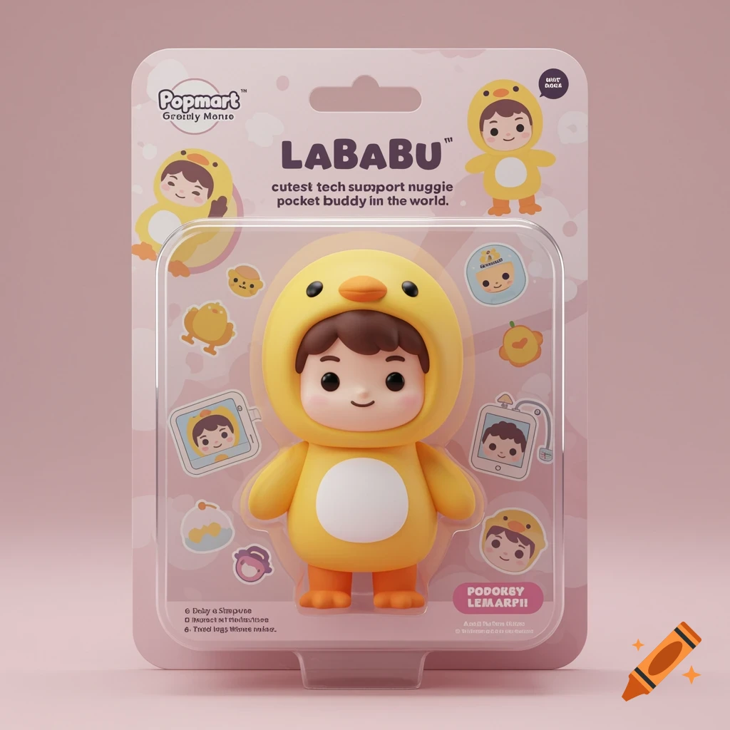 3D render of a cute toy figure in a yellow duck costume in clear blister packaging