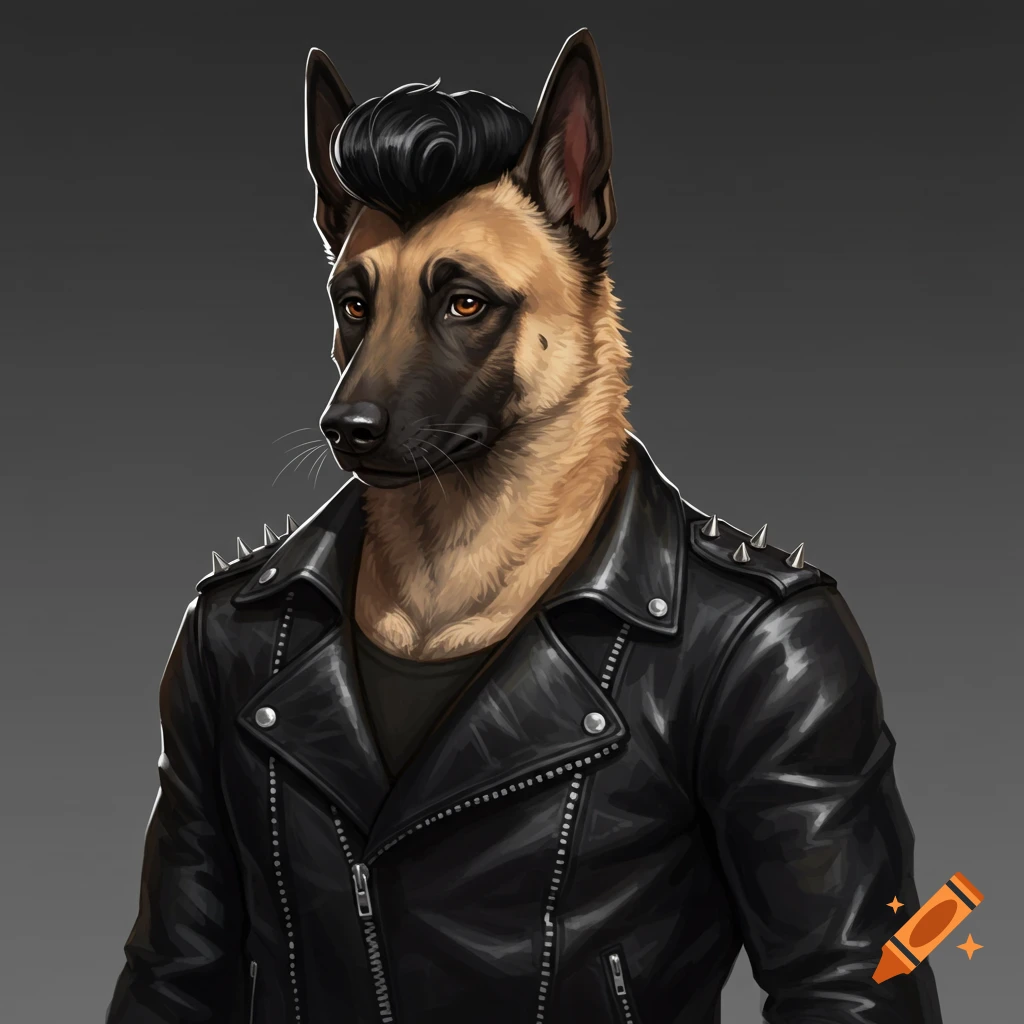An anthropomorphic dog is depicted wearing a leather biker jacket and a pompadour haircut.