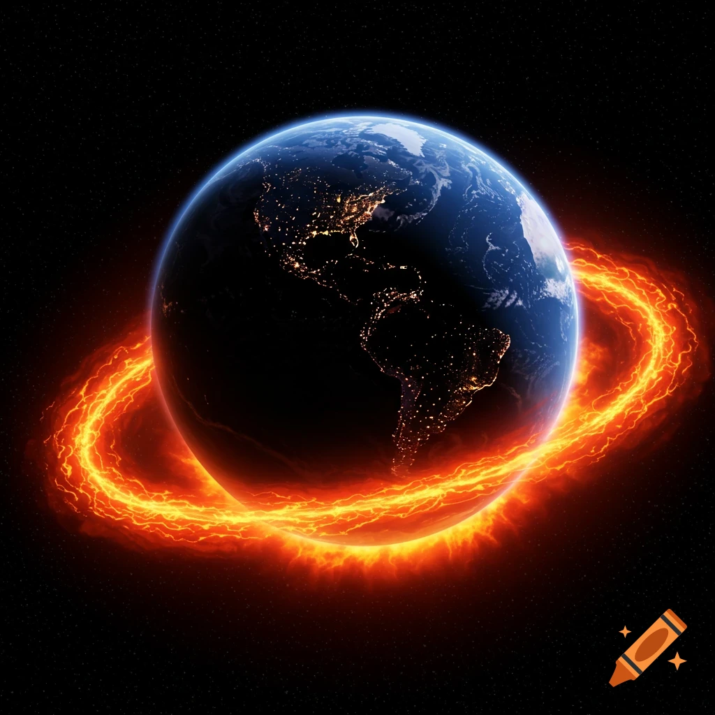 Earth in space with a ring of fiery magma surrounding it.