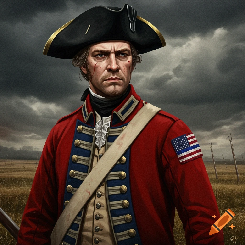 A man in a red coat uniform with an American flag patch.