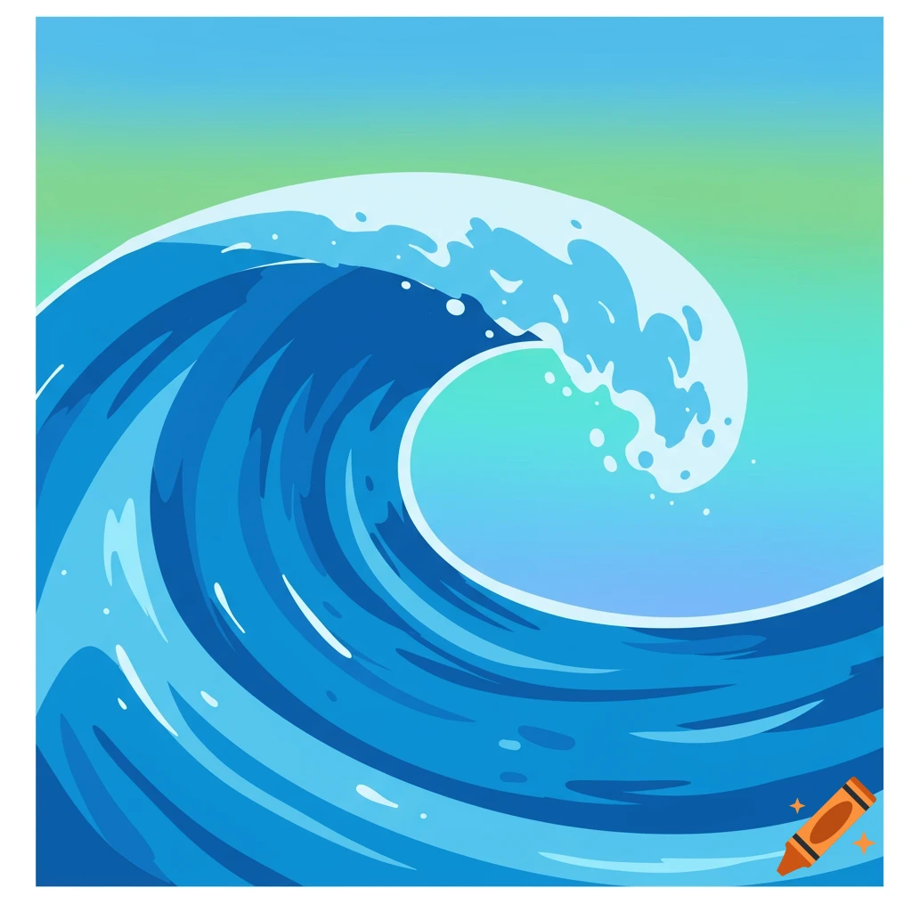 A stylized depiction of a large blue ocean wave