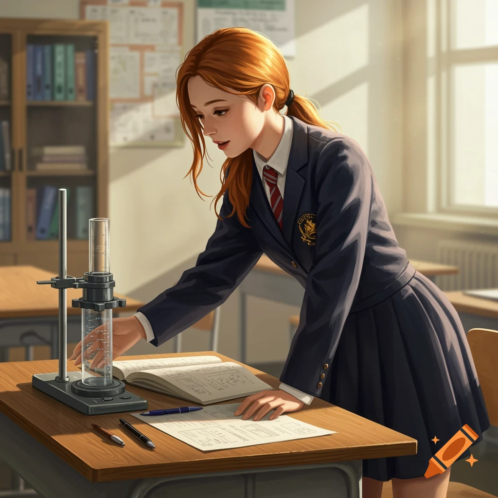 A young woman in a school uniform leans over a desk in a classroom with science equipment.