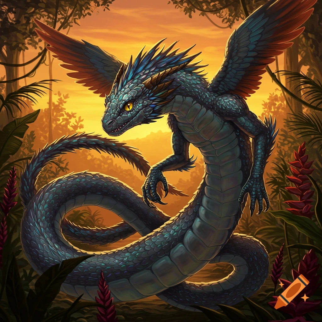 A blue serpent-like dragon with wings and arms is in a jungle at sunset.
