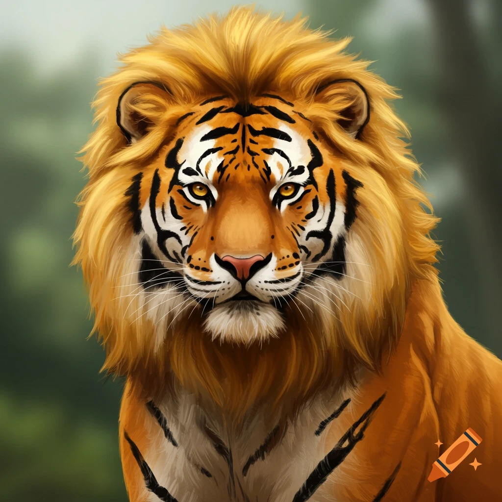 Portrait of a tiger with a golden lion's mane.