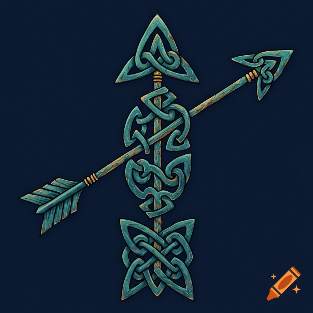 Celtic knot symbol shaped like an arrow on a dark background.