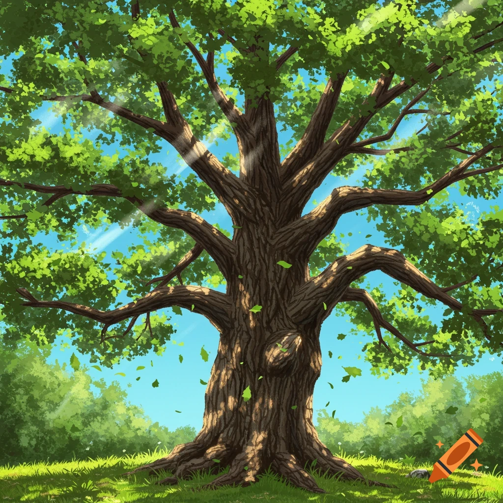 A large, leafy tree stands in a sunny forest clearing. Leaves are falling from its branches.